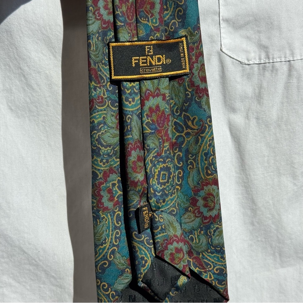 VTG Fendi 100% Silk Tie Teal Burgundy Gold Paisley Floral Made in Italy Office